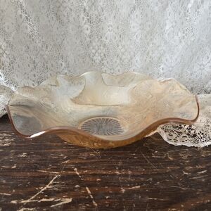 Vintage Amber Glass Ruffled Serving Bowl Scalloped Edge